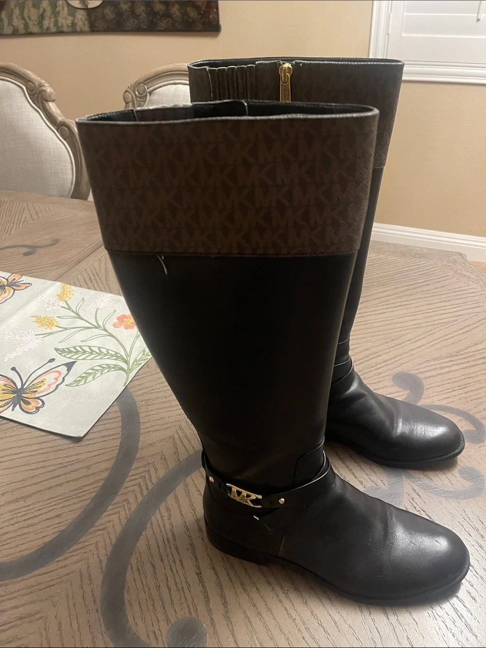 Michael Kors Black & Brown Logo Trim Riding Boots - Picture 1 of 3
